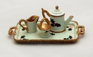 Dollhouse Miniature Xmas Tea Set Creamer Sugar Pot Tray Artisan Victoria Fasken