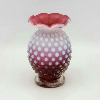 Vintage Fenton Glass Hobnail Cranberry Opalescent Mini Vase With Ruffled Edge