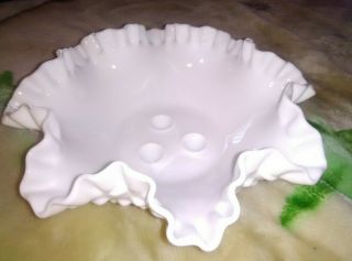 Vintage Fenton 10 " Milk Glass Hobnail Ruffled Edge Epergne Bowl