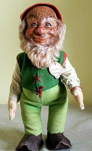 Vintage Steiff 12 " Gnome " Lucki W/all Id 