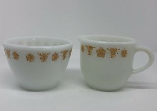 Vintage Pyrex Milk Glass Cream And Sugar Butterfly Gold Pattern