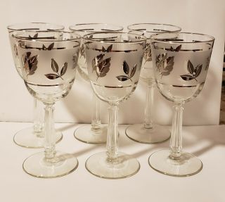 6 Vintage Libby Frosted Silver Foliage Leaf 7 1/4 Tall Stem Wine Glasses