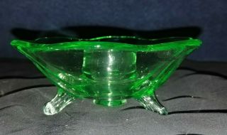 Vintage Green Vaseline Depression Glass 3 Toed Candle Holder 4.  5 " X 1.  75 "