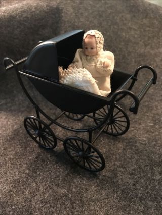 Miniature Dollhouse Black Metal Baby Carriage 1:12 Scale With Baby Doll