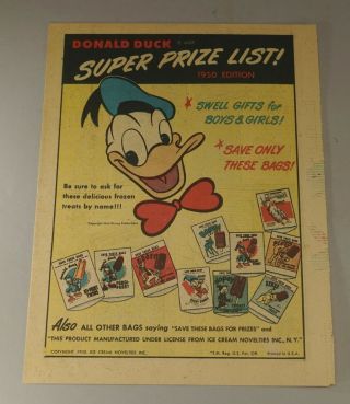 1950 Disney Donald Duck Ice Cream Novelties Prize List Fold - Out