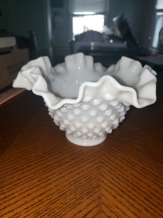 Fenton White Milk Glass Hobnail 7 " Bowl Ruffled Crimped Top Edges Dips Candy