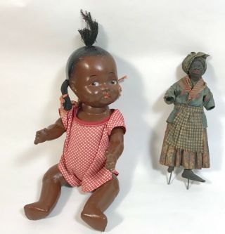 2x Vtg Black Americana Composition Doll,  Vargas Folk Art Wax Figure As Found