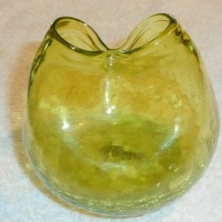 Mid Century Modern Green Crackle Glass Pinched Rim Bud Vase