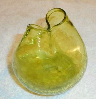 Mid century Modern Green Crackle Glass Pinched Rim Bud Vase 2