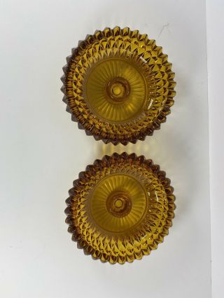 Vintage Indiana Glass Diamond Point Amber Candle Votive Candlestick Holder Pair