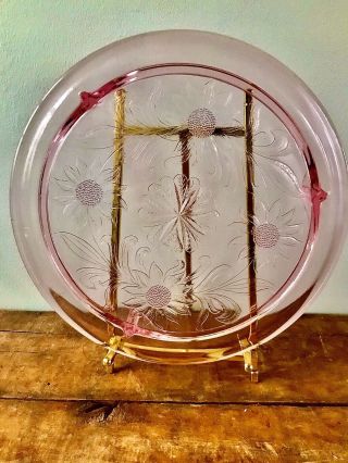 Vintage Pink Depression Glass Jeannette Sunflower Pattern 3 - Footed Cake Plate