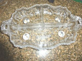 Vintage Diane Cambridge Glass Etched 2 Handle 3 Part Relish Divided Dish Footed