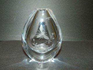 Orrefors Sweden Crystal Art Glass Etched Bee Or Wasp Tear Drop Bud Vase Vintage