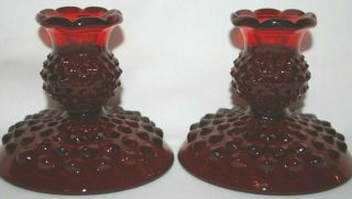 Set 2 (pair) Fenton Art Glass Ruby Red Hobnail 3 3/4 " Candleholders 3886ru