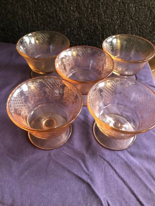 5 Vintage Pink Depression Glass Normandy Bouquet & Lattice Sherbet Dessert Cups