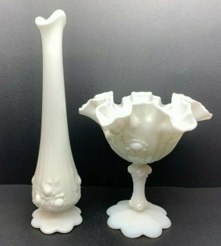 Vintage Fenton White Milk Glass Cabbage Rose Compote And Bud Vase