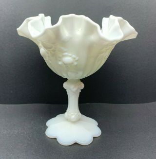 Vintage Fenton White Milk Glass Cabbage Rose Compote and Bud Vase 2