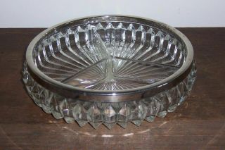 Vintage Large Round 3 Part Section Relish Dish Bowl - Silver Metal Rim England