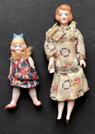 2 Antique German Bisque Dollhouse Dolls Orig.  Doll Clothes 1920 Mother Daughter