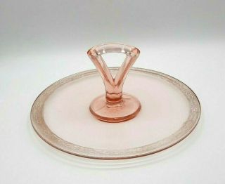 Vintage Pink Depression Glass Handled Tidbit Tray With Gold Band Accent