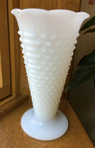 Vintage Anchor Hocking Hobnail Milk Glass Footed Ruffled Vase Large Pretty Signe