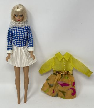 Vintage Tagged Shillman Barbie Clone Doll Outfits Blue White Dress,  Mod Print