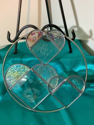 Vintage Large Etched 3 Hearts Stained Glass Window Hanger Sun Catcher