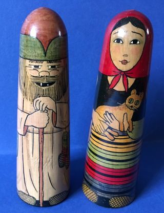 Pair Vintage Russian Wooden Hand Painted Folk Art Dolls,  6.  5” Tall,  Traditional