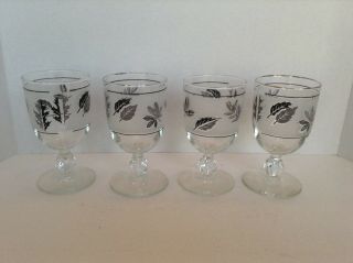 Vintage Libbey Silver Leaf Water Glasses Goblet Mcm Frosted Silver Satin Set 4