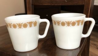Set Of Two Pyrex Butterfly Gold Coffee Cups Mugs 1410 Milk Glass Corning