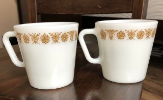 Set Of Two Pyrex Butterfly Gold Coffee Cups Mugs 1410 Milk Glass Corning 3