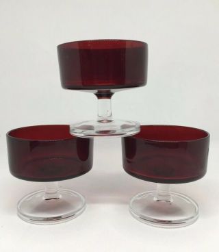 Vintage Luminarc Ruby Red With Clear Glass Stem Sherbet/dessert Glasses Set Of 2