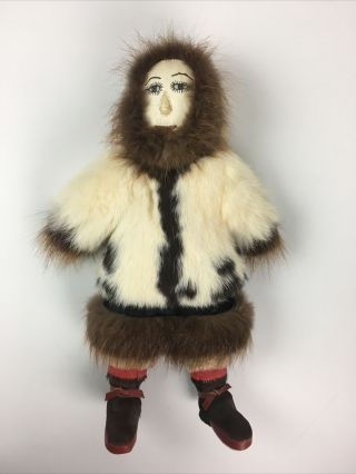 Vintage Eskimo Inuit Doll Real Fur Parka Hand Painted Leather Face 16 " Inch