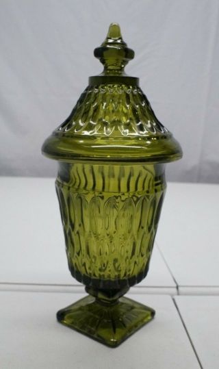 Vintage Mt.  Vernon Indiana Glass Olive Green Pedestal Candy Dish W/ Lid