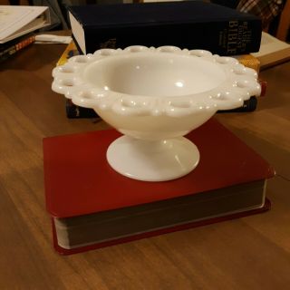 Anchor Hocking Lace Edge Milk Glass Compote Pedestal Candy Dish Bowl 5 