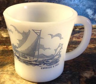 Vintage Currier & Ives Glasbake Milk Glass Mug Blue & White Sailing Boats Ships