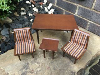 Rare Matel Barbie Furniture Mid Century Walnut Table,  2 Chairs And End Table 60s