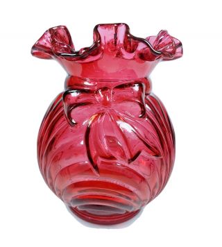 Fenton Art Glass Large Cranberry Bow Tie Ruffled Top Vase