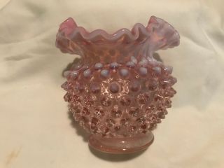 Vintage Fenton Glass Light Pink And Milk Ruffled Edge Hobnail Rose Vase - 4.  5 In
