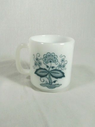 Vintage Glasbake Mug White Milk Glass Blue Onion Flower Pattern D Handle