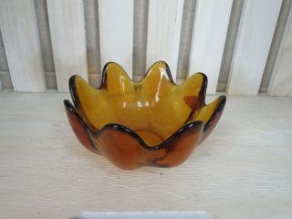 Blenko Art Glass Vintage Mid Century Lotus Bowl Amber Glass 5.  5 Euc Sticker
