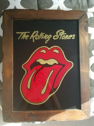 Vintage 1970s The Rolling Stones Wooden Framed Carnival Glitter Glass Picture