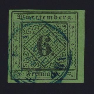 Germany Wurttemberg Sc 4 (1851 - 2) 6kr Black On Yellow Green Vf