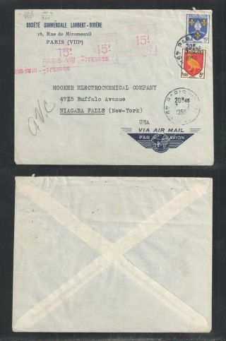 1956 France Cover To Usa With Sc 738,  739,  (3) 15f Meter Stamps = 53 Francs