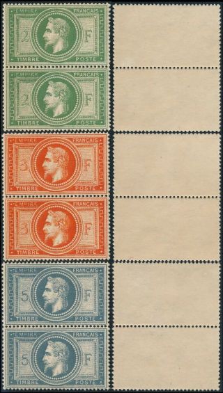 France 1869,  Napoleon Laure,  2,  3 & 5 Fr Values,  Um/nh Forgeries Pairs.  Z221