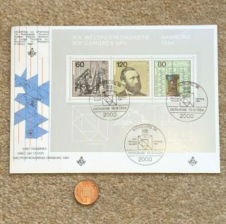1984 Masonic Fdc Envelope 3 X German Postage Stamps Heinrich Von Stephan