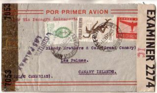 Argentina - 1943 Panagra Doble Censored Cover Flown To Canary Islands