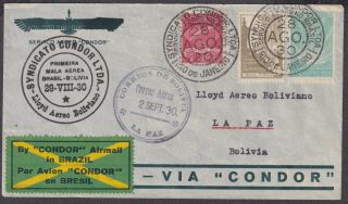 1930 Brazil / Via Condor Airmail Etiquettte; Rio De Janeiro To La Paz,  Bolivia