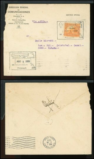 Nicaragua Postal History Lot 17 1929 Official Air 25c Managua - Cristobal Cz $$