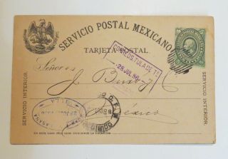 Mexico Tarjeta Postal 5 Cents Green Medallion 1886 Tula Tamaulipas Grid Cancel